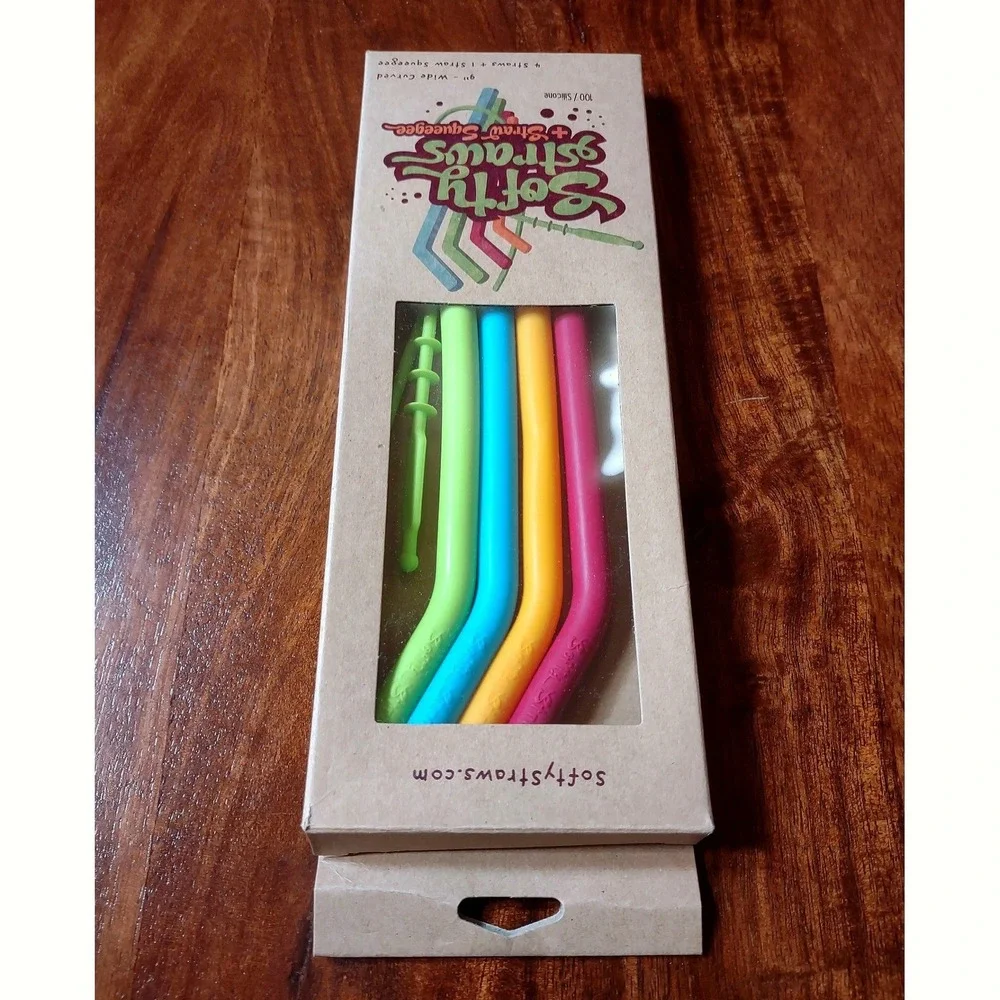 Softy Straws Silicone Reusable Straws Set 9 Inch Multicolor NEW Wide Curved 5pc